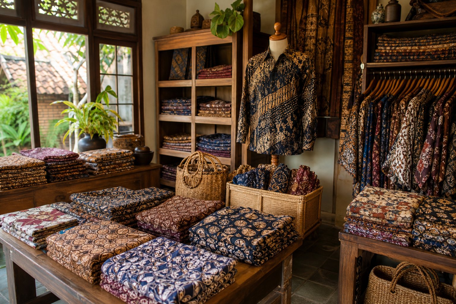 Suasana toko batik dengan tumpukan kain batik dan kemeja batik pada manekin